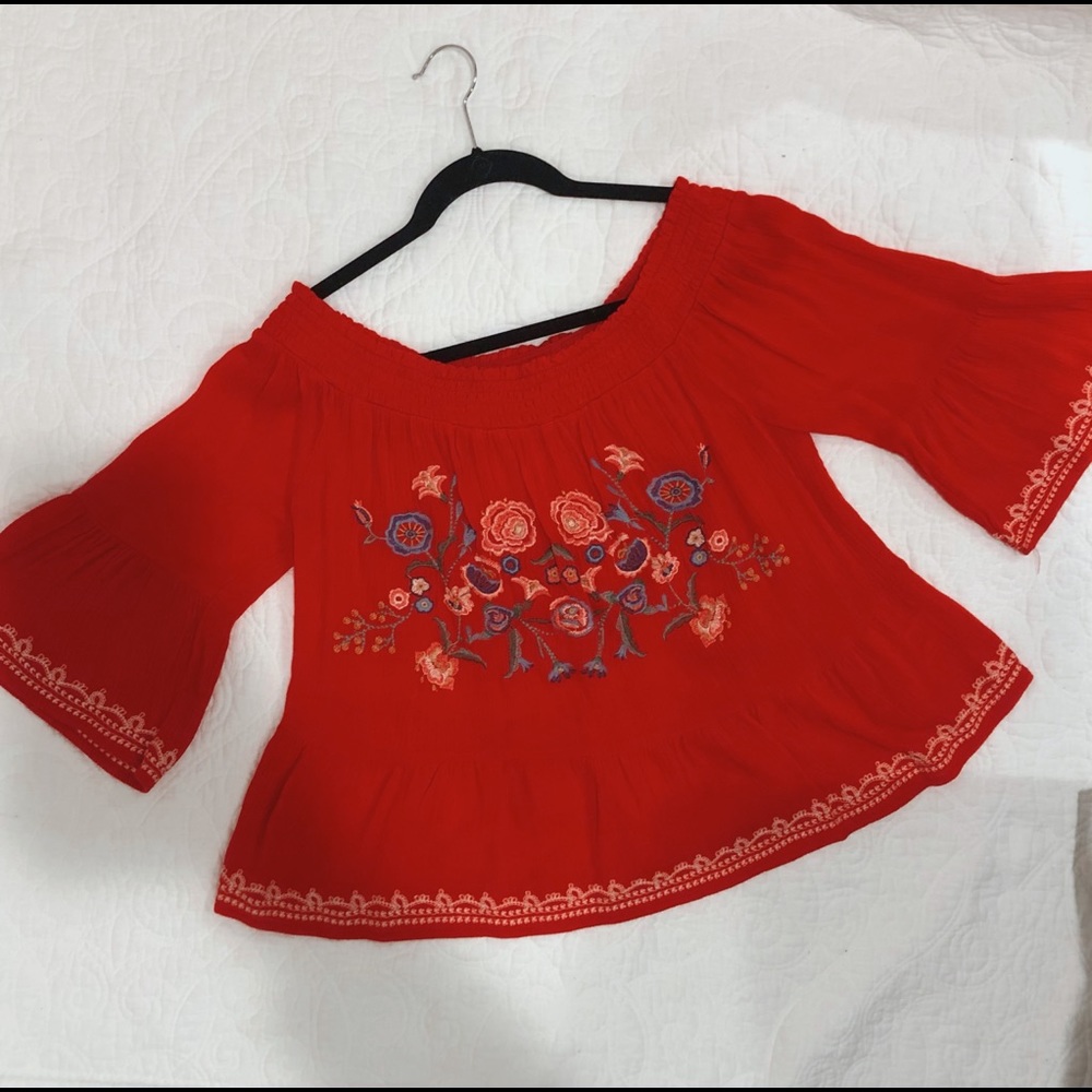 Red off the shoulder embroidered top